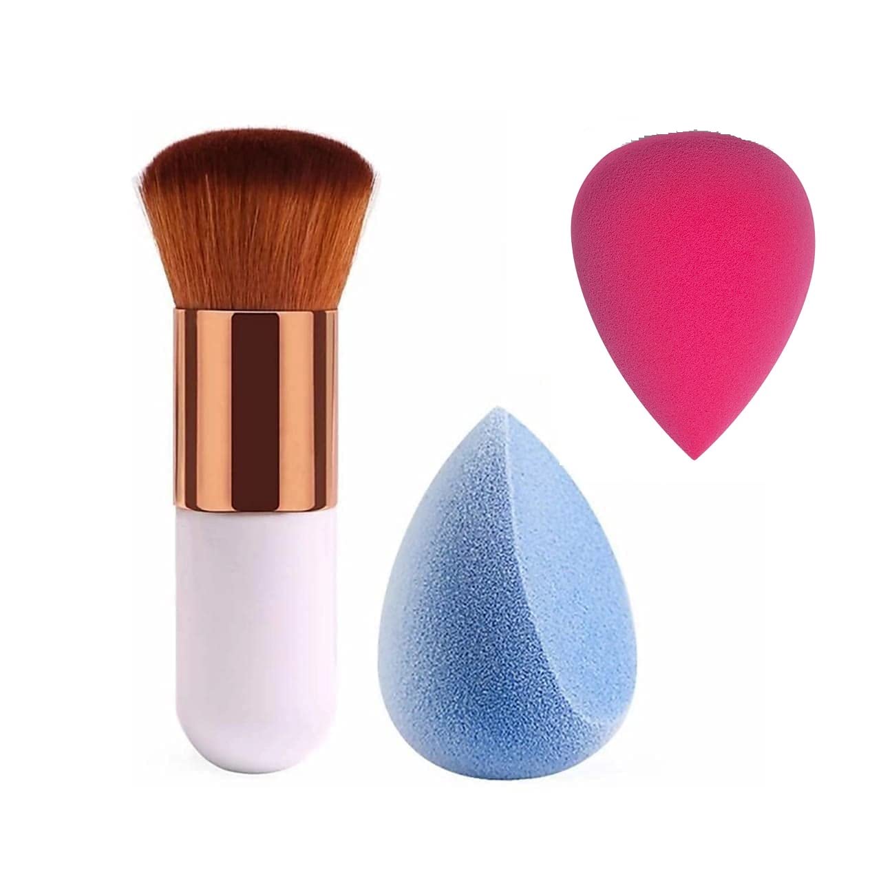 Sloane 1 Round Foundation Makeup Brush & 2-Piece Sponge Blender Set (Pack of 3) - Perfect for Flawless Liquid & Powder Foundation Application