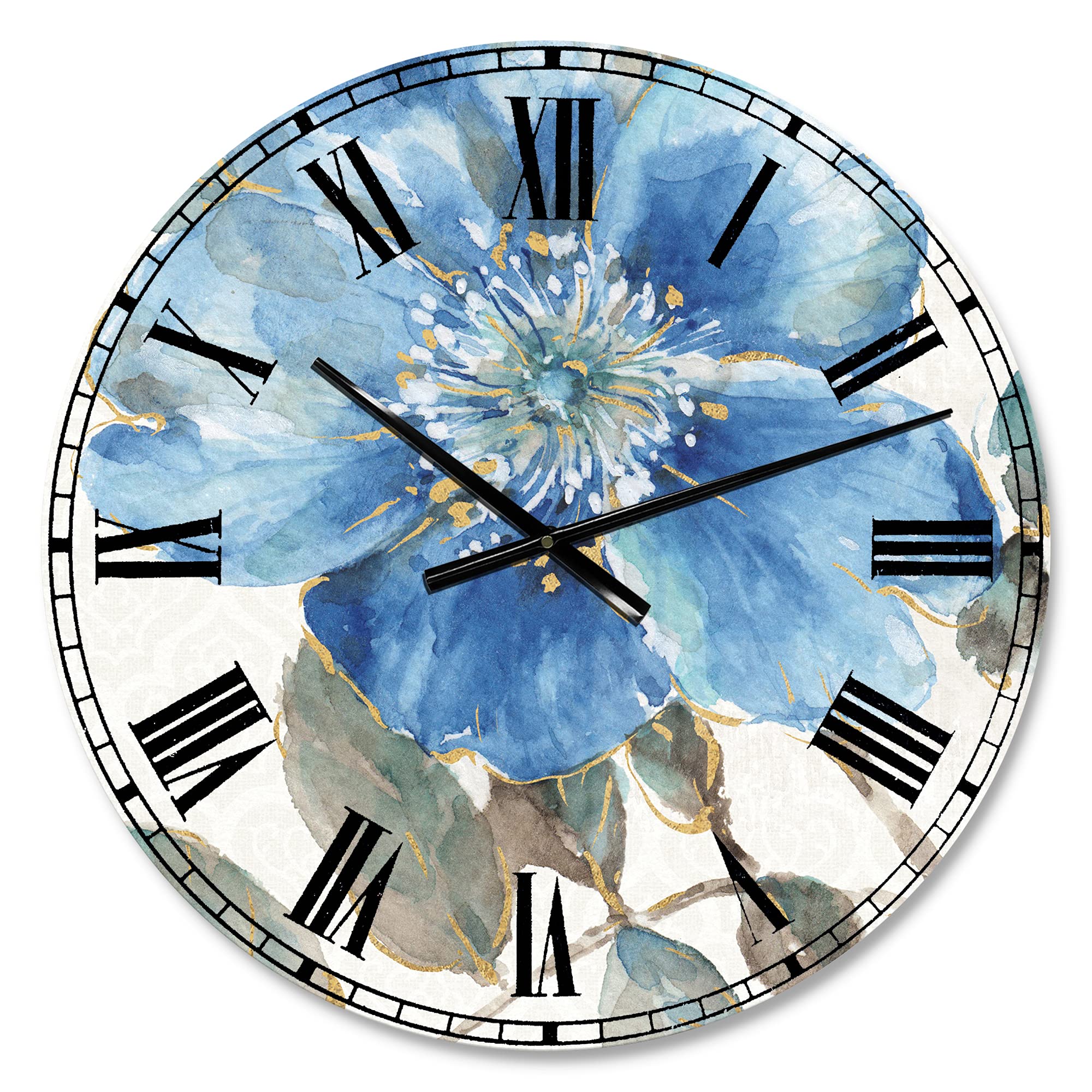 DesignQ 'Indigold Watercolor Flower I' Traditional Wall Clock - Silent Non-Ticking Battery Operated Decor for Home, Bedroom, Bathroom, Office & Living Room | Perfect for Farmhouse, Vintage & Boho Interior Design Styles