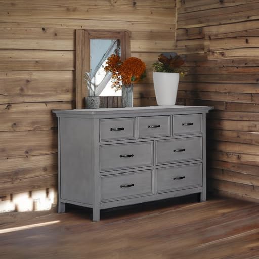 Evolur Belmar Double Dresser in Rustic Grey - 7 Spacious Drawers, Assembled with Anti-Tip Kit | Solid Wood Nursery & Bedroom Dresser for Baby Room, Kids Bedroom, and Guest Room Organization
