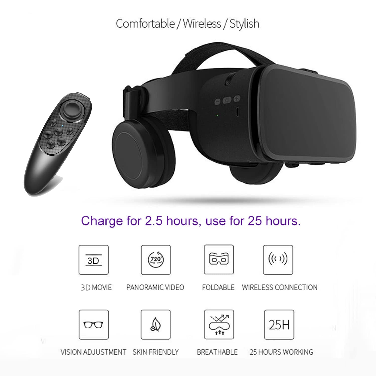 Best VR Headset for iPhone & Android - 3D Virtual Reality Glasses with Bluetooth Headset & Remote Controller | Immersive Gaming & Movie Experience (Black)