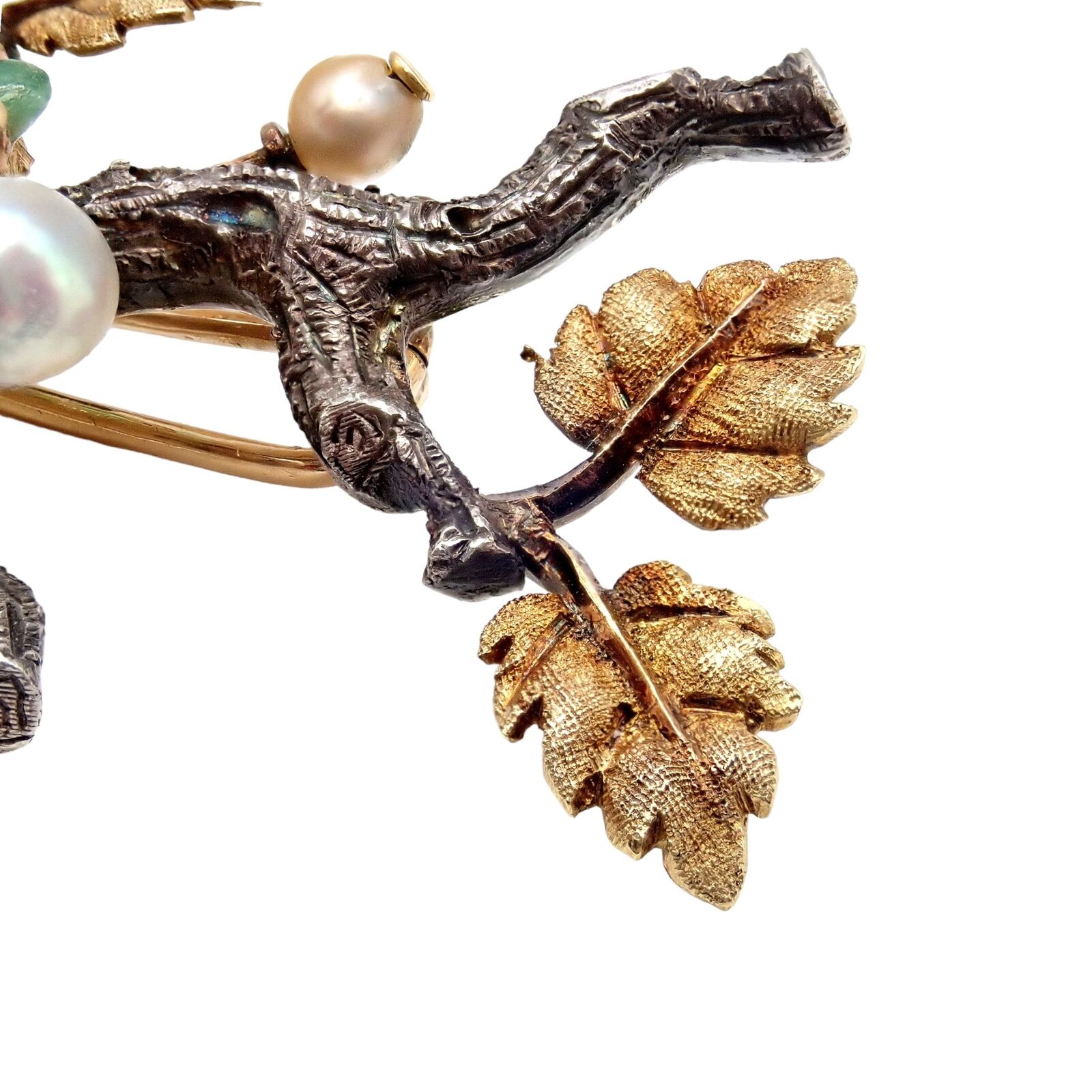 Vintage Buccellati 18K White & Yellow Gold Carved Emerald Branch Brooch Pin - Elegant Jewelry for Women, Perfect for Weddings, Parties & Special Occasions