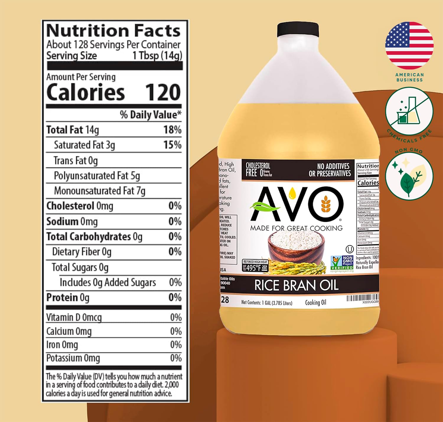 AVO NON GMO 100% Pure Rice Bran Oil - 1 Gallon (128 oz) - Natural Cooking Oil for Frying, Baking & Salad Dressing - No Preservatives Added - Healthy Kitchen Essential