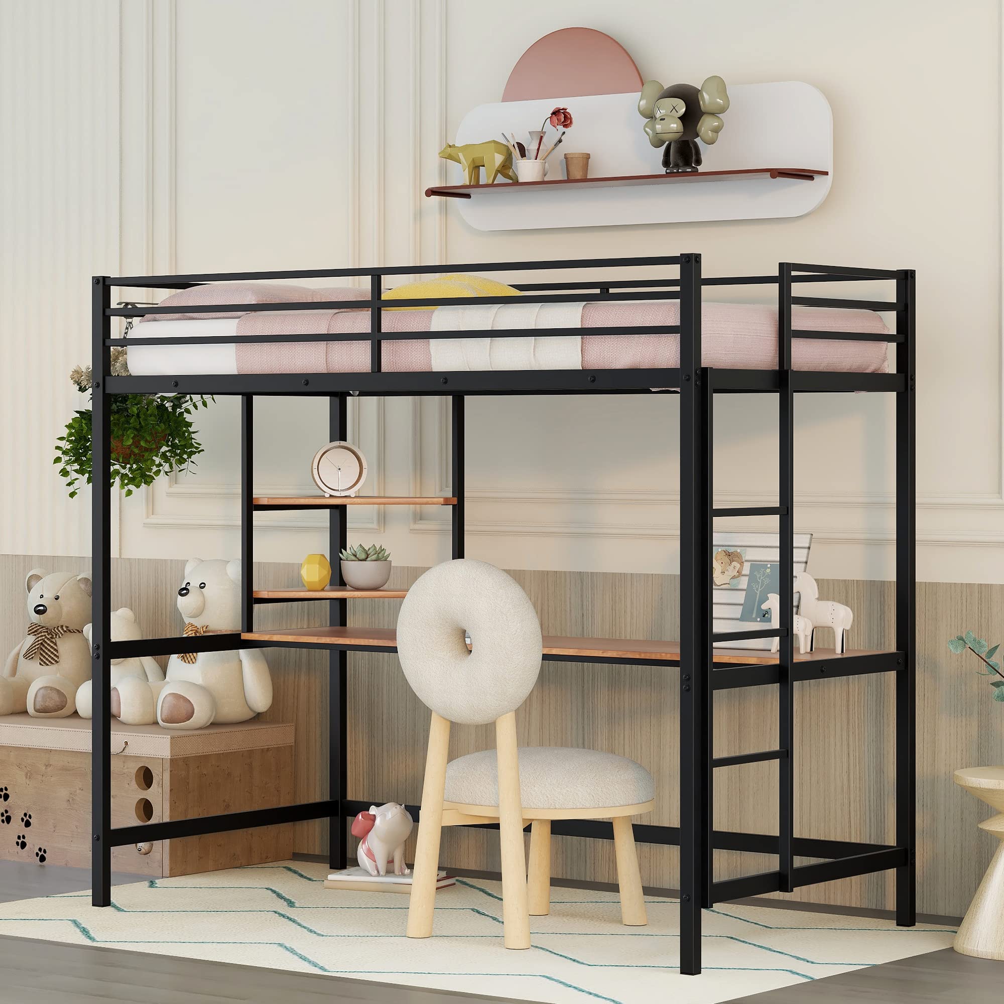 Harper & Bright Designs Twin Loft Bed with Desk & Storage Shelves - Space Saving Metal Bed Frame for Kids & Teens (Black, Twin Size) - Perfect for Small Bedrooms, Dorm Rooms & Studio Apartments