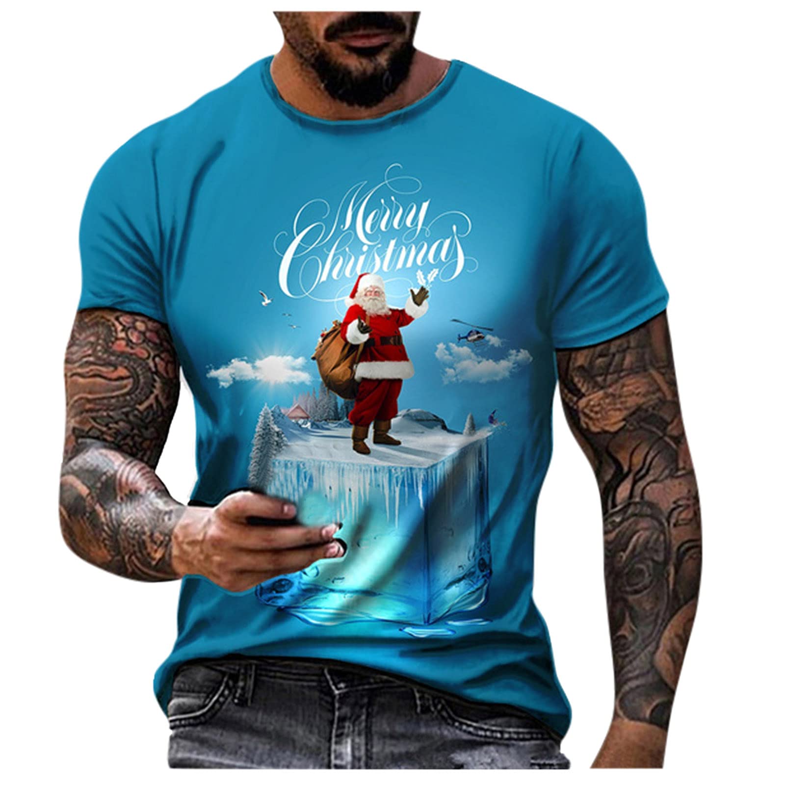 BEUU Men's Christmas T-Shirts - 3D Santa Claus Print Short Sleeve Crewneck Tee for Holiday Parties, Casual Wear & Workout - Festive Xmas Soldier Design