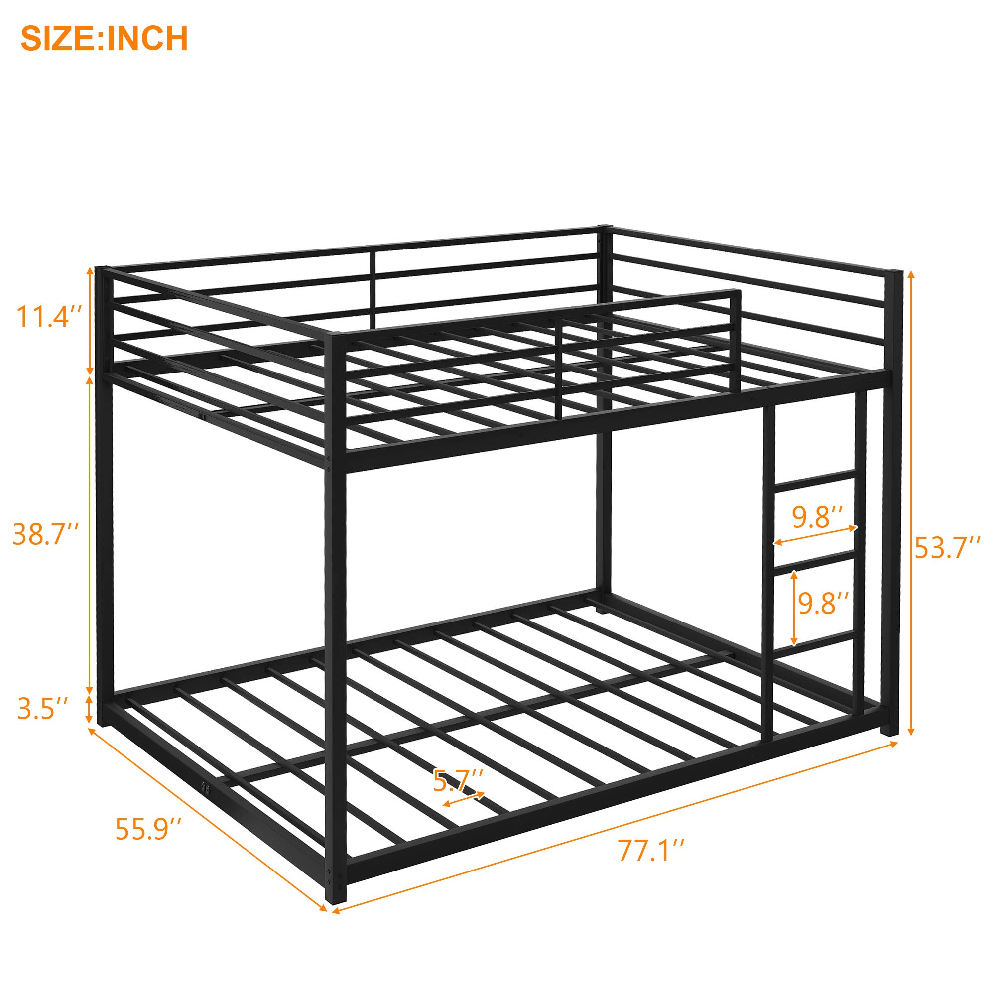 Knocbel Low Profile Full Over Full Bunk Bed with Ladder - Sturdy Metal Platform Bed Frame with Safety Guardrails & Slats Support (Black) - Perfect for Kids' Rooms, Dormitories & Space-Saving Bedroom Solutions