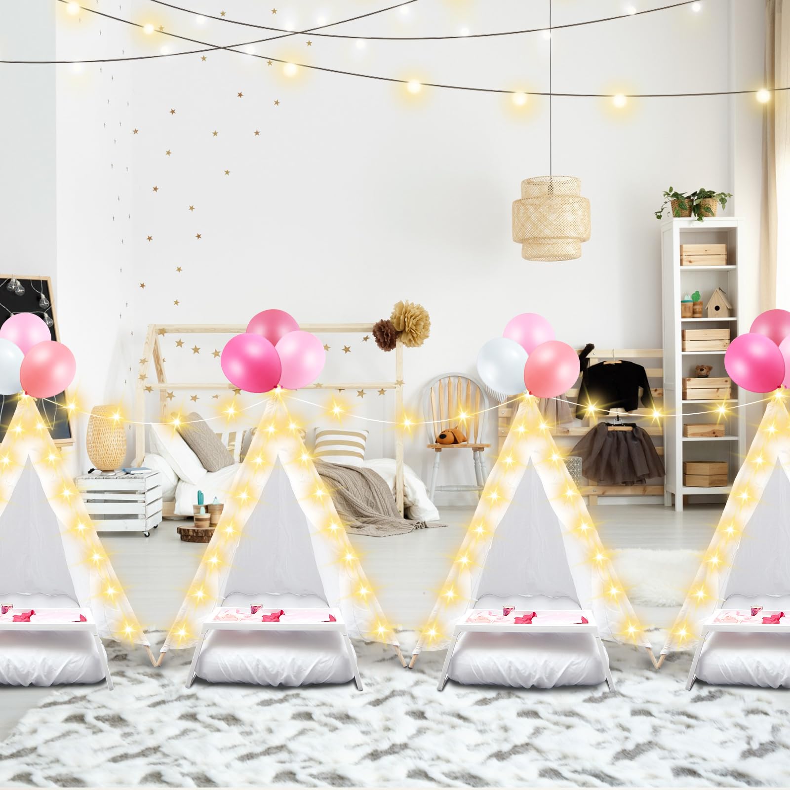 4 Pack Kids Teepee Tent with Mattress, Fitted Sheet & LED Lights - Washable Cotton Play Tent for Girls Sleepover, Birthday Party, Movie Night - Indoor & Outdoor Playhouse (White)