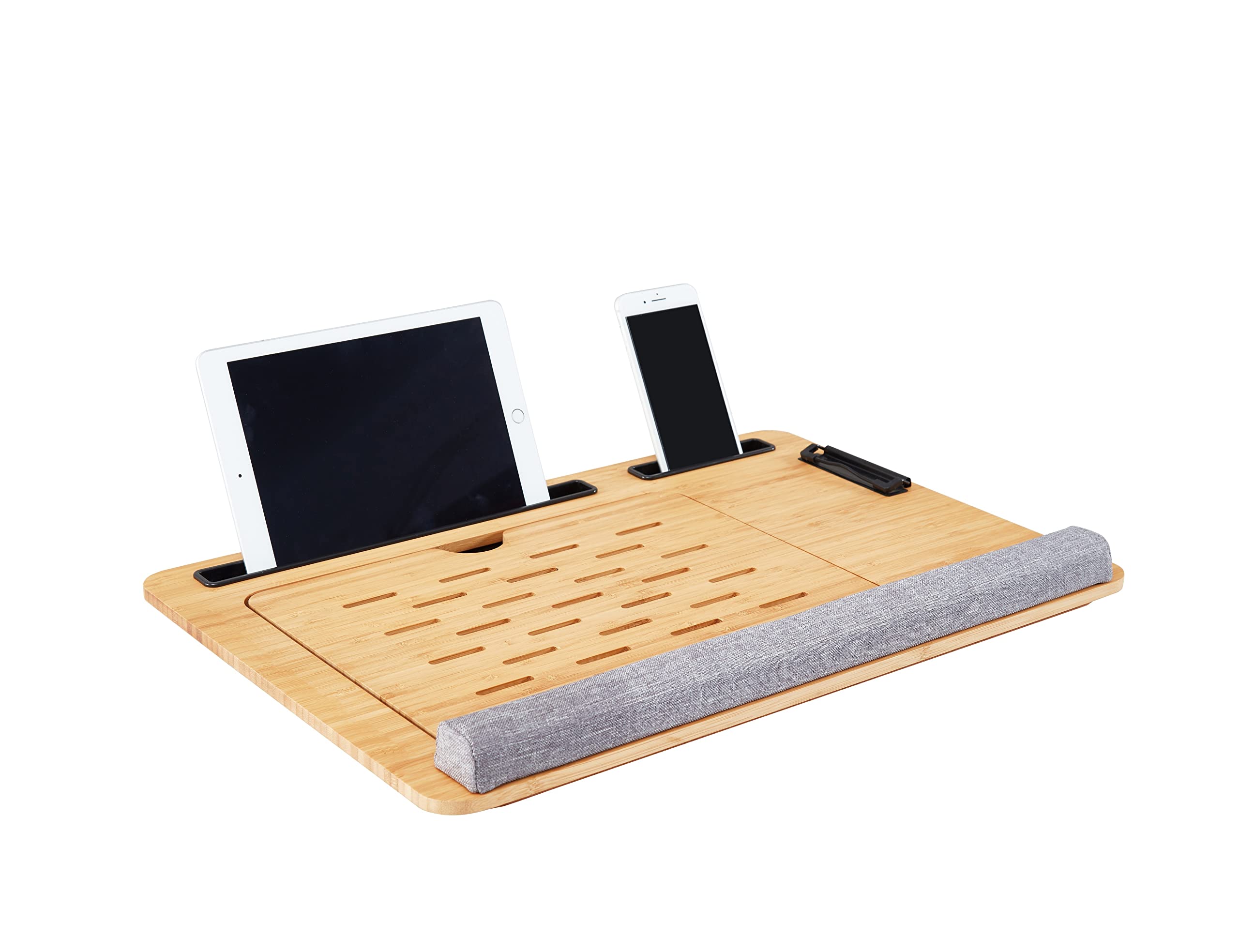 Adjustable Bamboo Laptop Lap Desk with Cushion & Wrist Pad - Portable Bed Tray Stand for Laptop, Notebook, Tablet - Features Clip & Media Slots (Natural Bamboo/Grey) - Perfect for Working in Bed, Couch, or Traveling