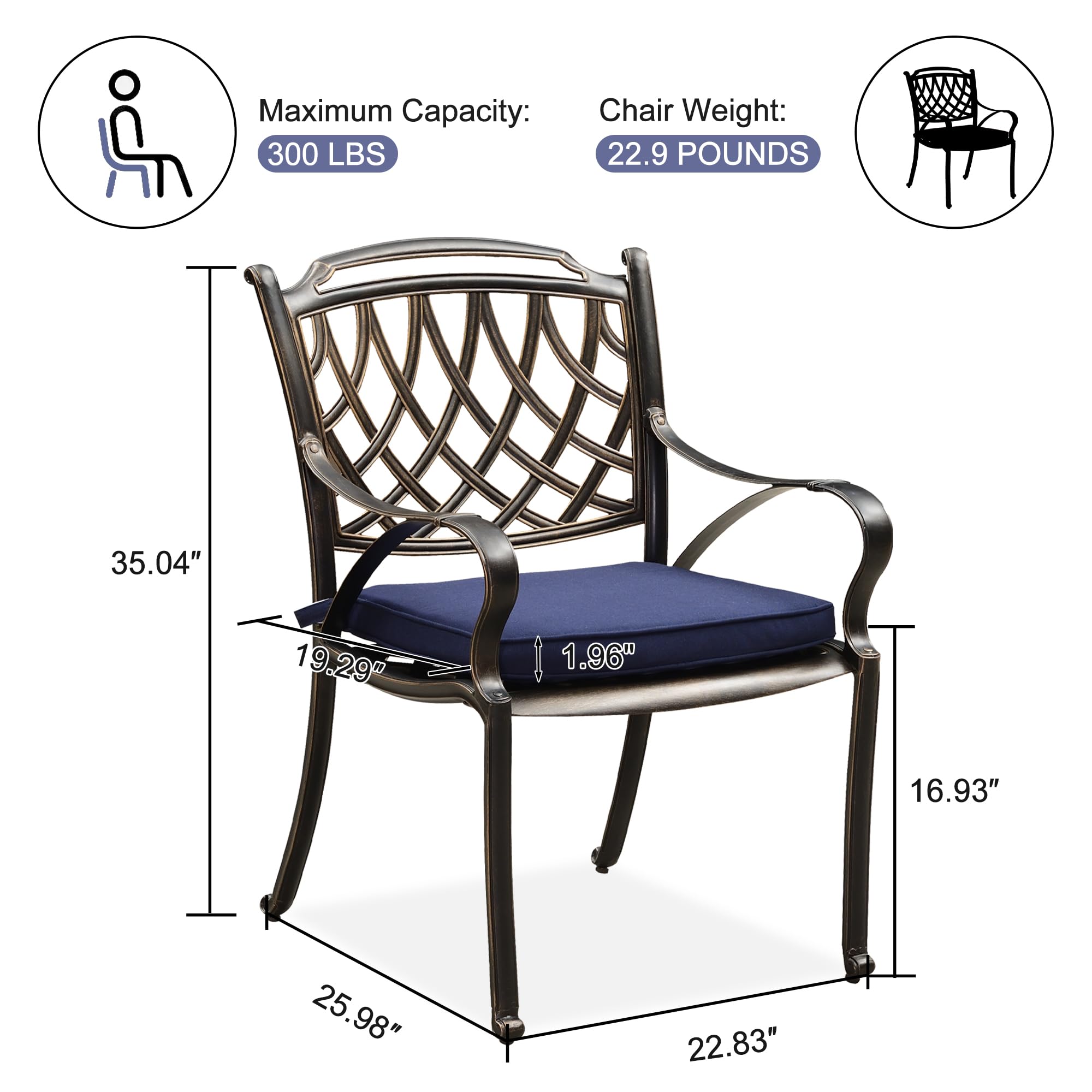 Purple Leaf Outdoor Dining Chair Set - 2 Cast Aluminum Patio Chairs with Cushions, Navy Blue Rhombic Design for Lawn, Garden & Backyard | Perfect for Outdoor Dining, Lounging & Entertaining