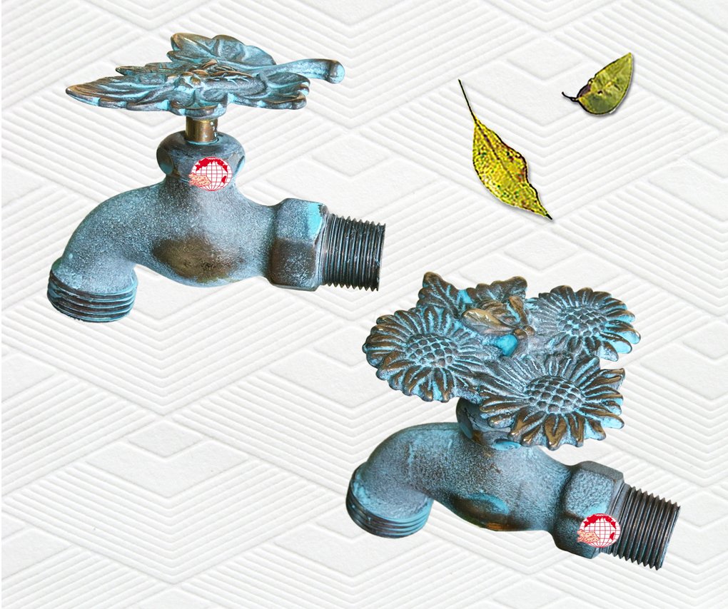 Decorative Brass Sunflower Leaf with Bee Garden Outdoor Faucet (Set of 2) - Perfect for Patio, Yard, and Garden Decor
