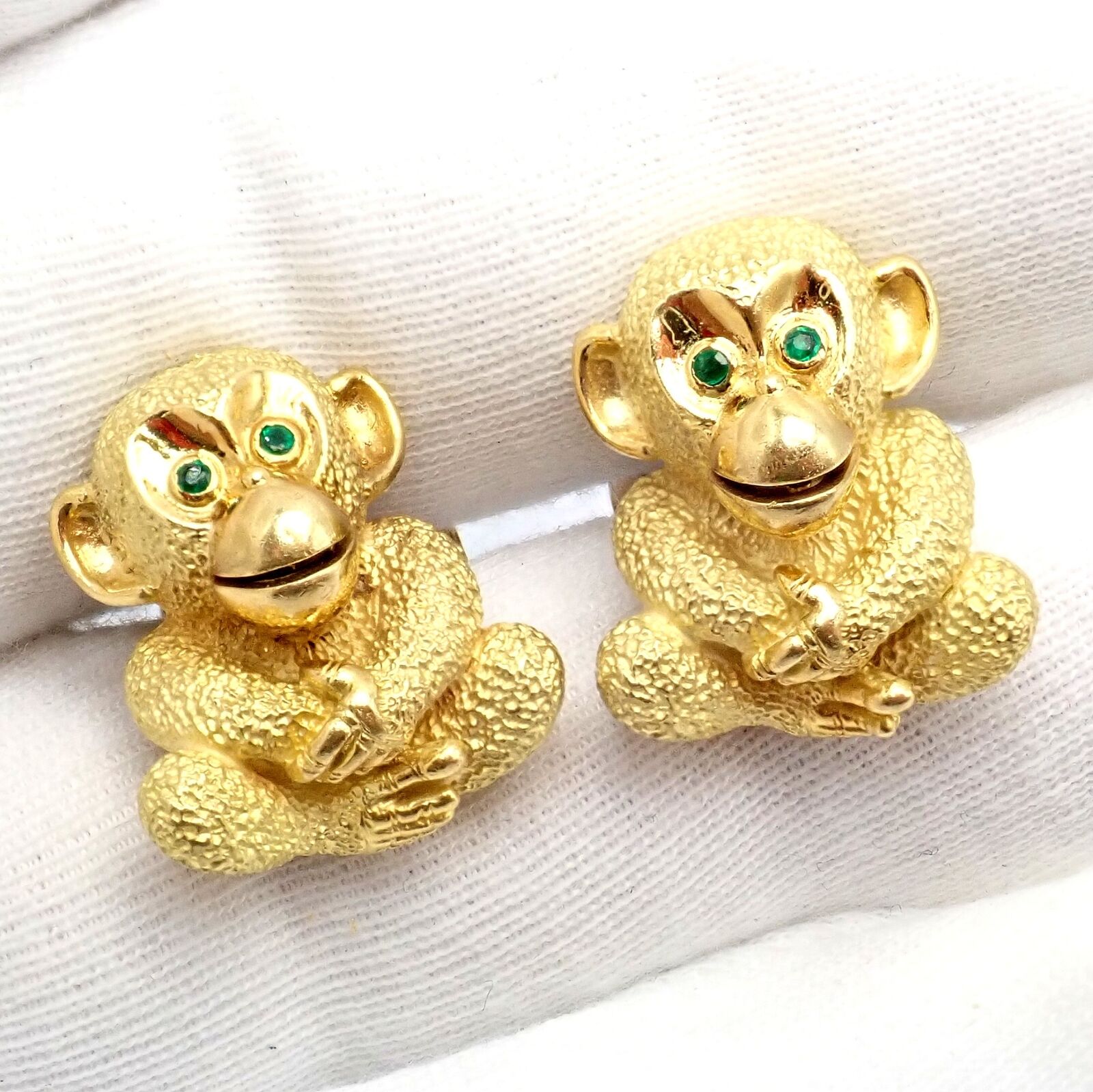 Authentic 18k Yellow Gold Emerald Whimsical Monkey Cufflinks by Kurt Wayne - Perfect for Weddings, Formal Events & Gift Giving