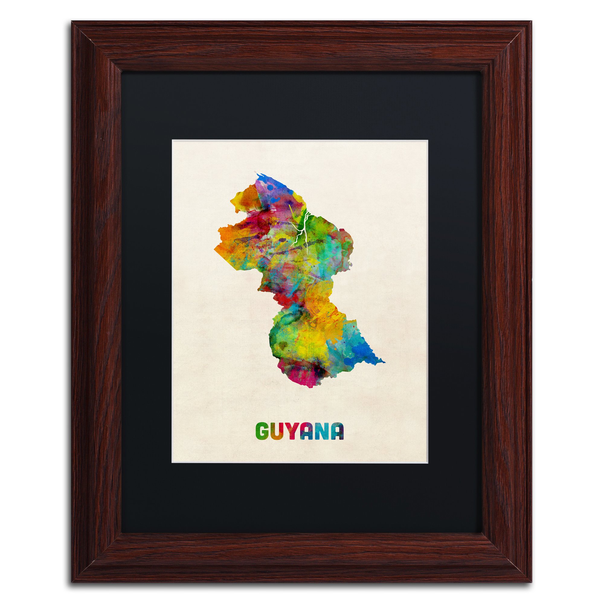 Michael Tompsett Guyana Watercolor Map Art Print - 11x14 Inches, Black Matte Wood Frame - Perfect for Home, Office & Gift Decor