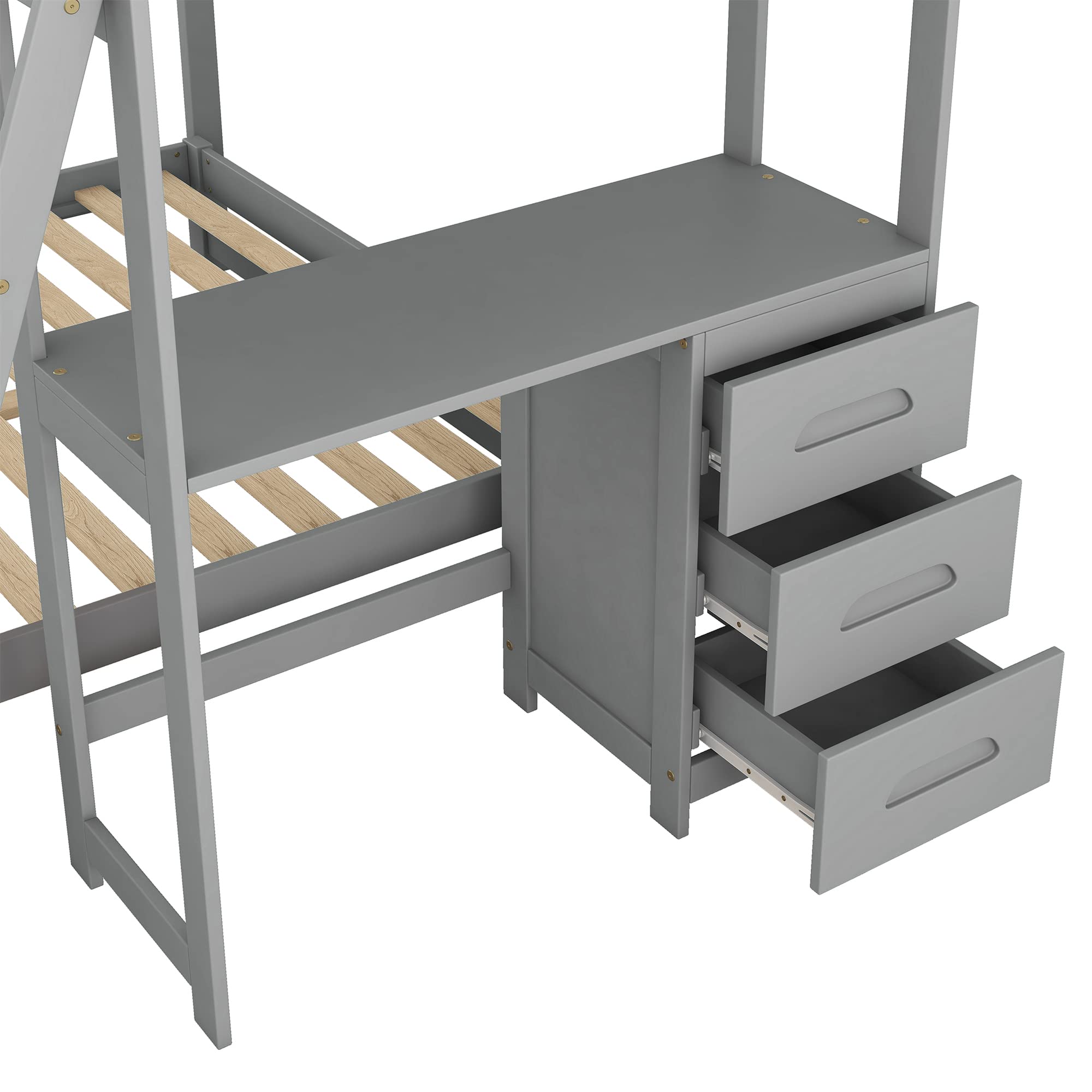 P PURLOVE Twin Over Full L-Shaped Wood Bunk Bed with Desk & Drawers - Kids Loft Bed with Removable Platform, No Box Spring Needed - Perfect for Small Bedrooms, Shared Kids Rooms & Space-Saving Solutions