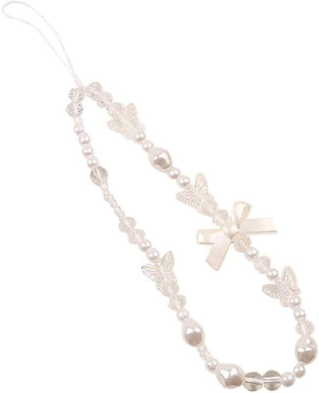 Fashionable Pearl Beaded Phone Lanyard with Bow & Butterfly Charm - Universal Anti-Lost Wrist Strap for Women & Girls - Perfect for iPhone, Samsung, Keys & Wallet Accessories - Great for Work, Travel & Everyday Use