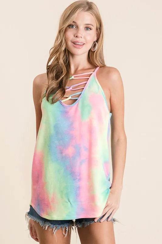 BiBi Tie Dye Terry Caged Neck Knit Camisole Top - Women's Fashion Summer Boho Crop Tank - Perfect for Beach, Music Festivals & Casual Outings