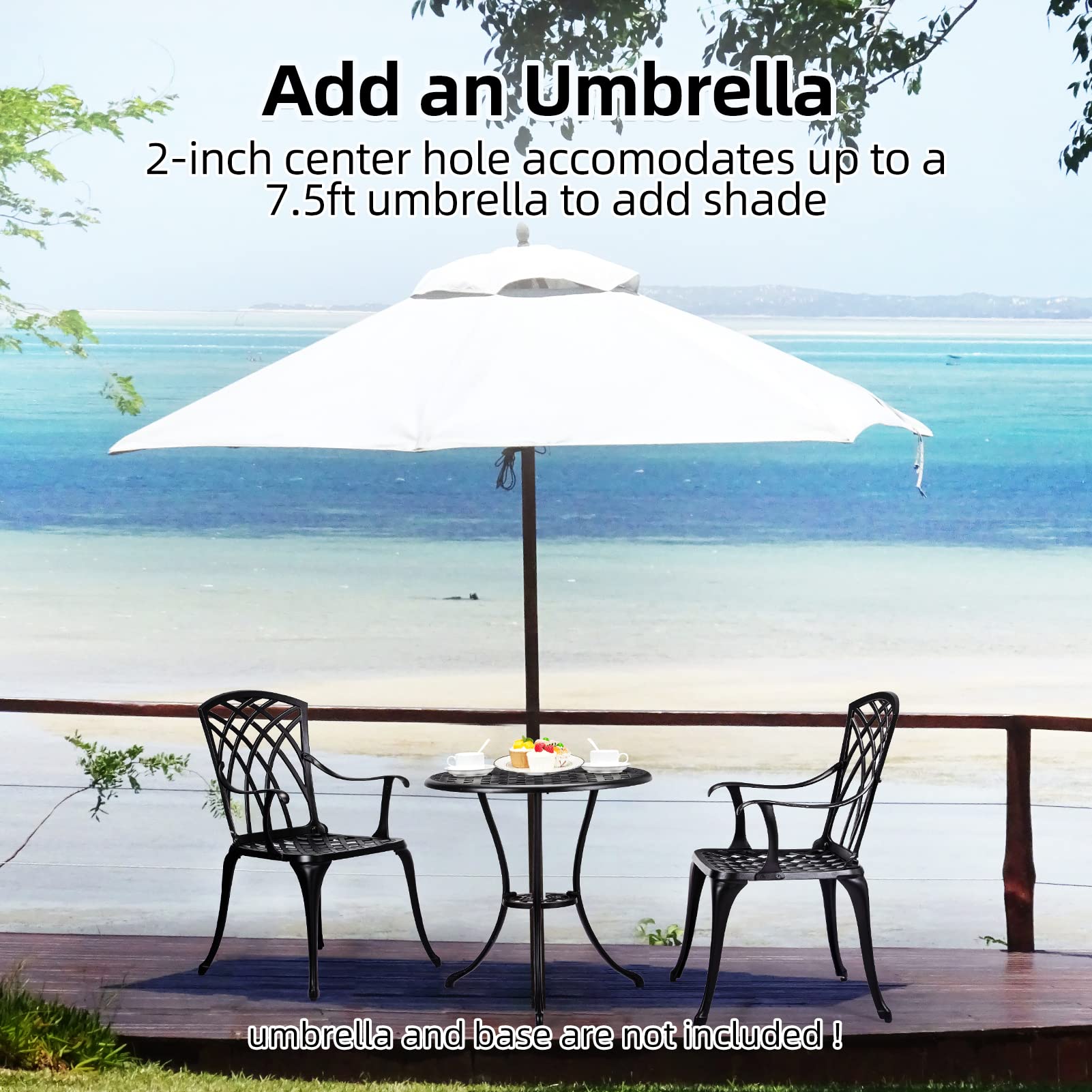 IDEALHOUSE 3-Piece Cast Aluminum Patio Bistro Set with Umbrella Hole - Rust-Resistant Outdoor Table and Chairs for Garden, Backyard, Balcony - Indoor/Outdoor Use - Perfect for Coffee Mornings, Outdoor Dining, and Relaxing in Black