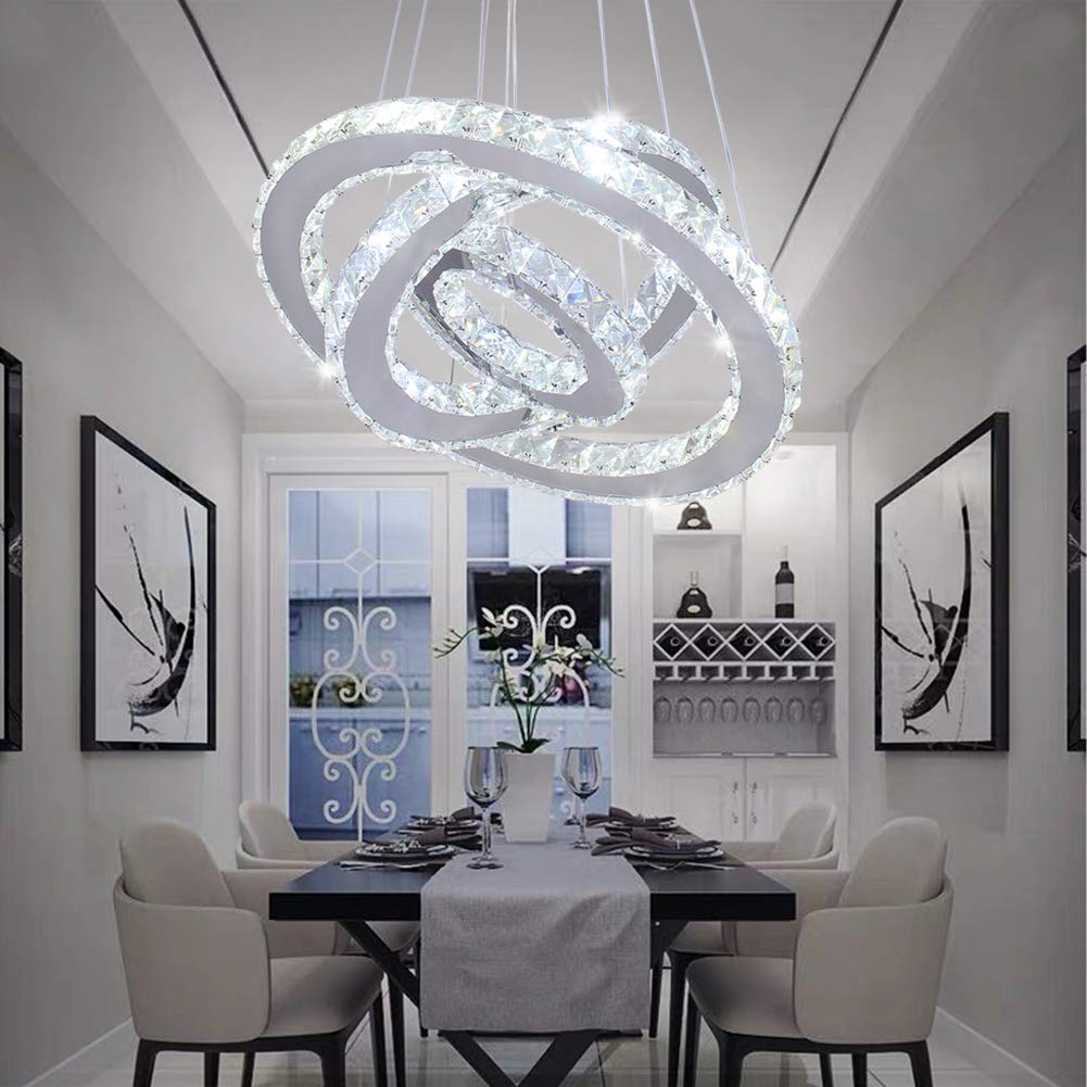 Modern 3-Tier Crystal LED Chandelier - Adjustable Round Pendant Light Fixture with Stainless Steel Frame for Dining Room, Bedroom & Living Room | Energy Efficient Cool White Lighting for Home Decor & Special Occasions