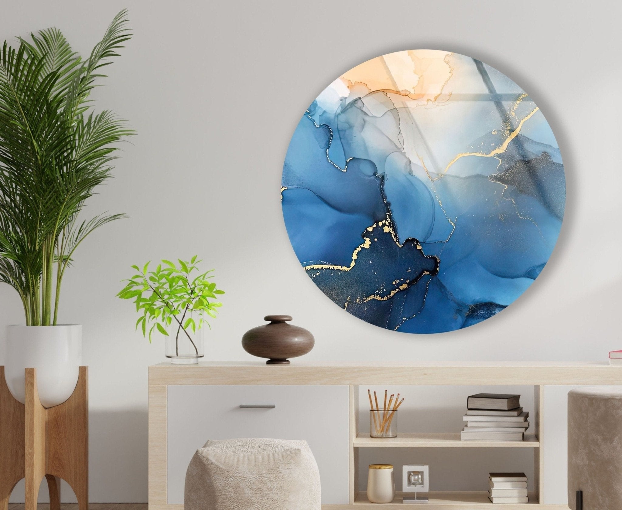 Abstract Round Blue Alcohol Ink Glass Wall Art - Handmade Modern Home Decor for Living Room, Bedroom & Office - Unique Gift Idea for Housewarming & Holidays