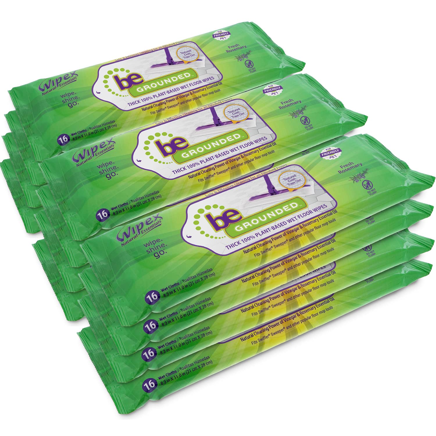 Wipex Natural Wet Floor Wipes - Plant-Based Cleaning Cloths with Rosemary Essential Oil & Vinegar - Absorbs Dirt & Grime - Compatible with Swiffer Sweeper Mops - 16 Count Refill Pads (Pack of 12) - Perfect for Hardwood, Tile & Laminate Floors