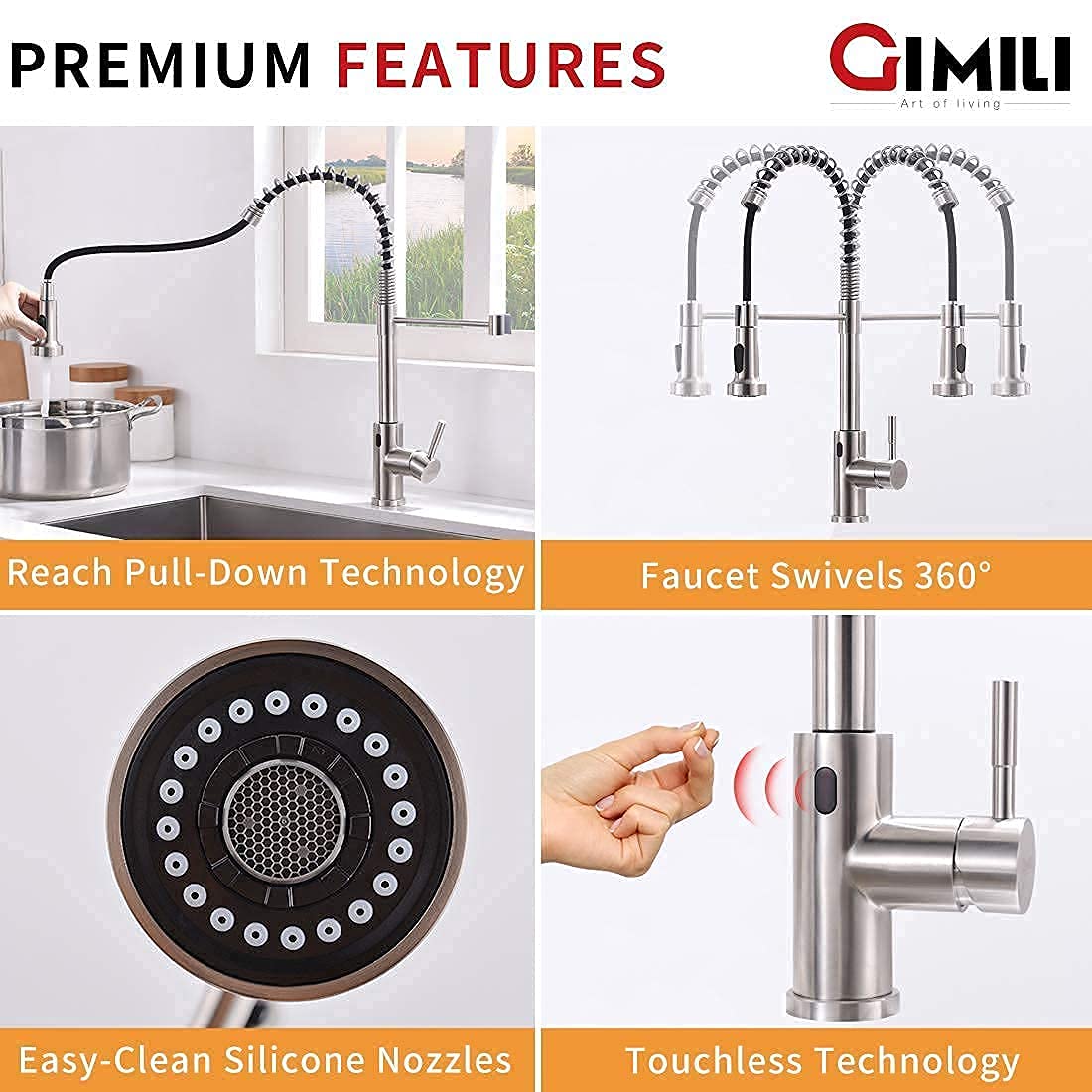 GIMILI Hands-Free Spring Kitchen Faucet with Deck Plate, Brushed Nickel Finish - Ideal for Modern Kitchens and Easy Cleaning