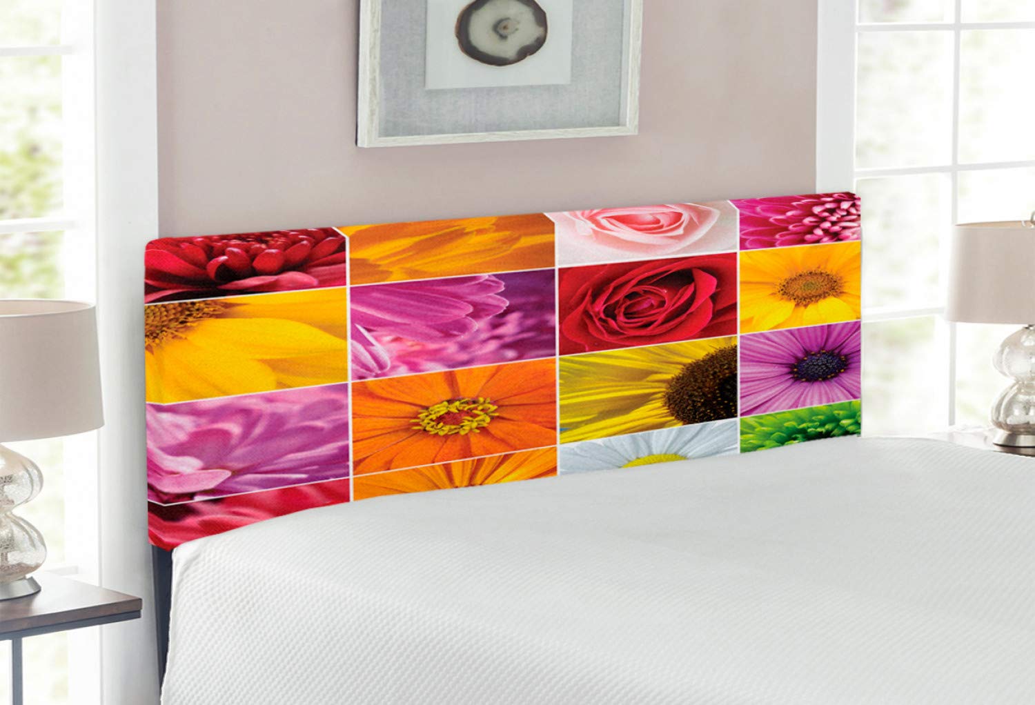 Ambesonne Floral Upholstered Headboard - Full Size Bed Headboard with Memory Foam, Chrysanthemum Rose Sunflower Violet Colorful Flowers Design in Orange Yellow Pink - Romantic Bridal Bedroom Decor for Master Bedroom, Guest Room or Dorm
