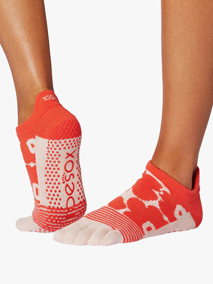ToeSox Low Rise Grip Socks for Yoga, Pilates & Barre - Non-Slip Full Toe Design in Hot Coral Floral Print - Perfect for Dance, Workouts & Studio Fitness