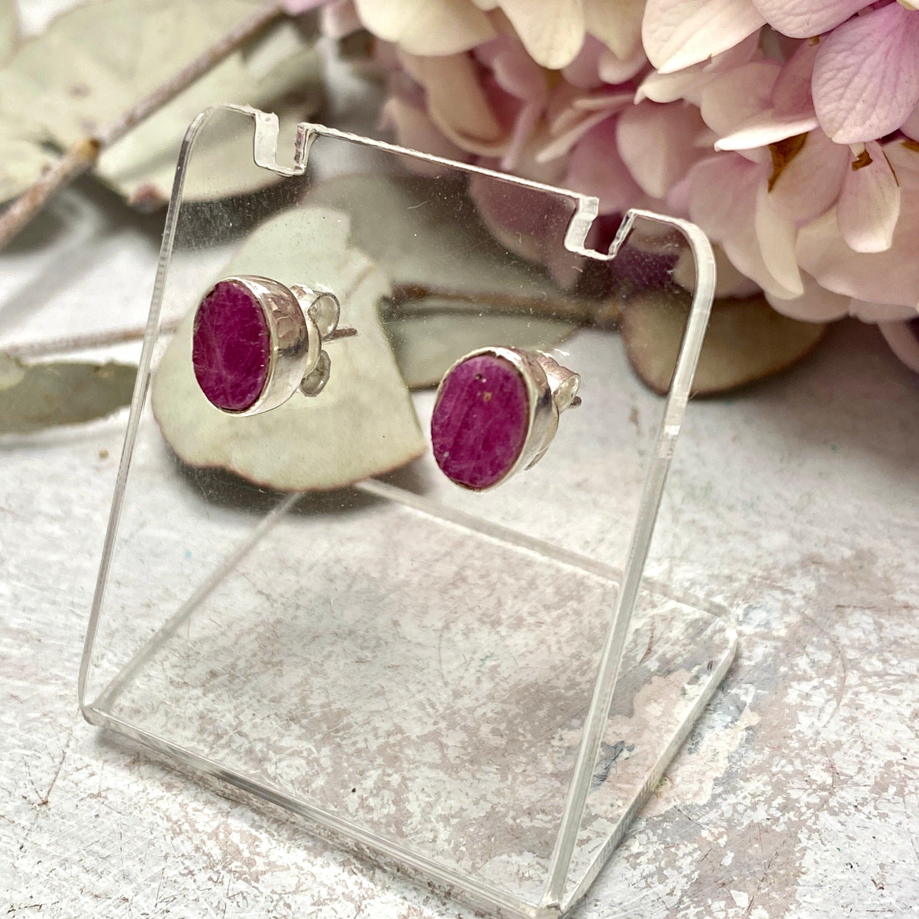 Natural Ruby Raw Oval Stud Earrings KEGJ1253 - Elegant Handmade Jewelry for Women, Perfect for Weddings, Parties & Everyday Wear