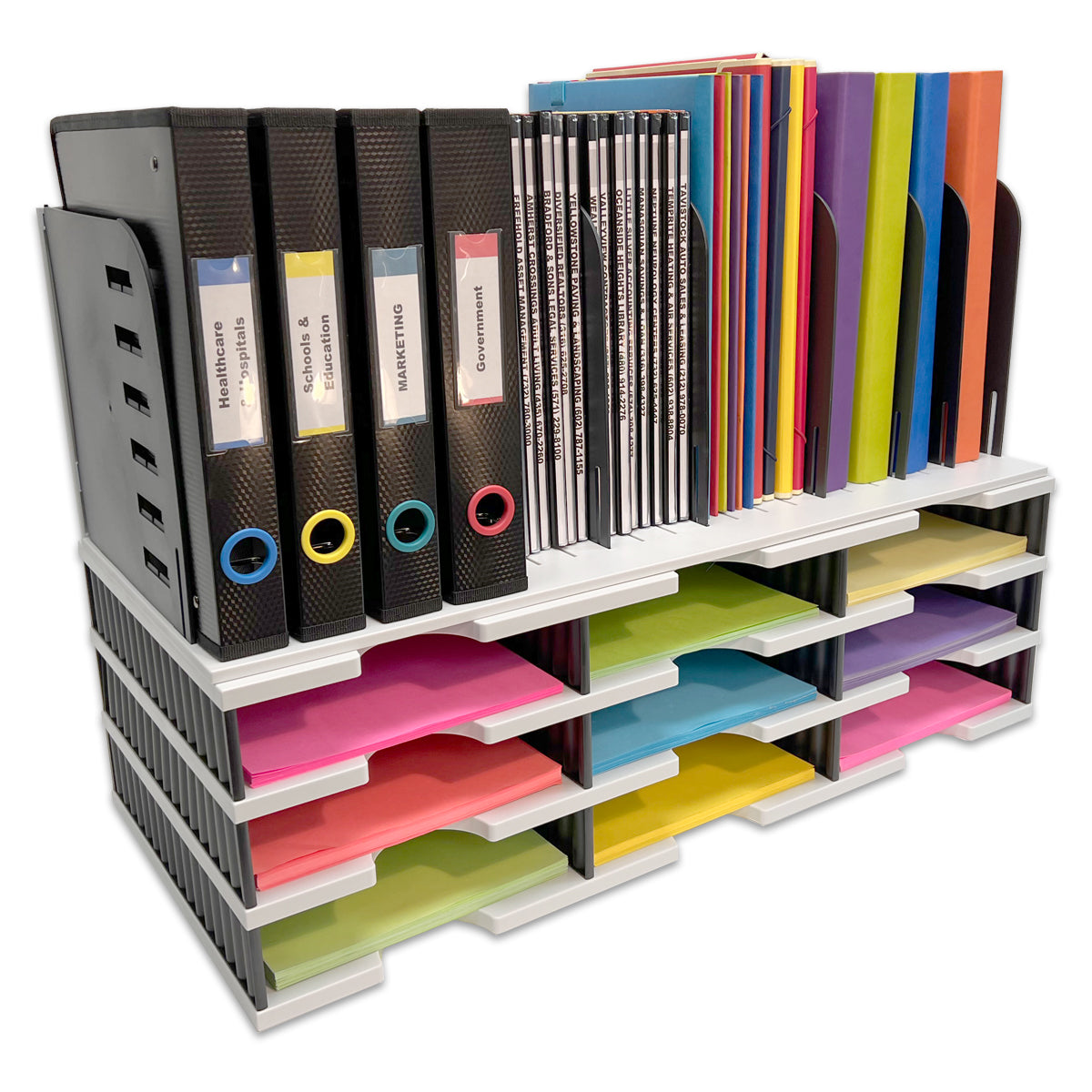 9-Letter Tray Desktop Organizer with 8-Slot Vertical File Topper - Ultimate Office TierDrop Organizer for Documents, Files, Binders & Supplies - Perfect for Home Office, Workspace & School Organization