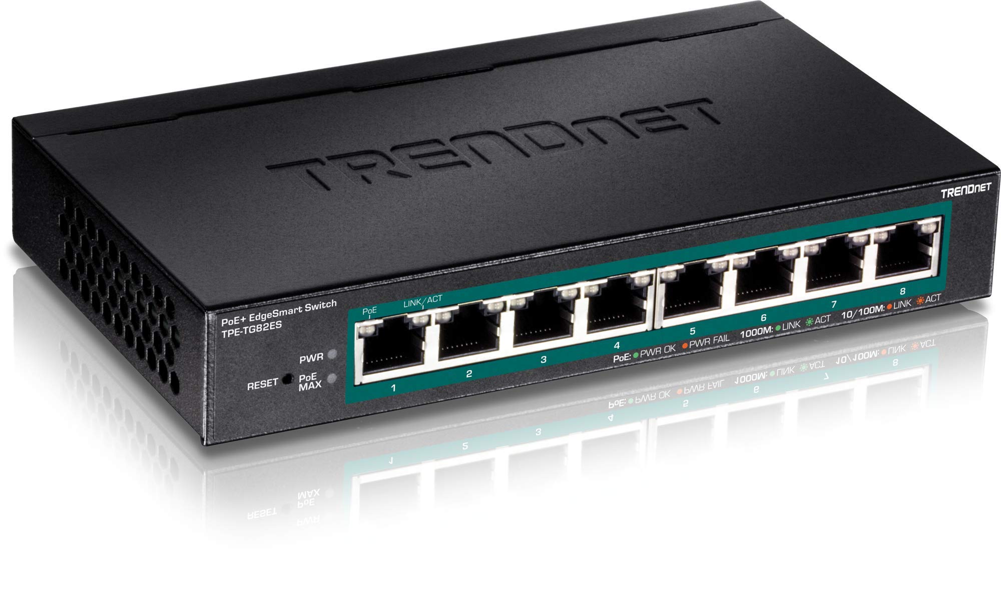 TRENDnet 8-Port Gigabit EdgeSmart PoE+ Switch | 8 x PoE+ Ports 64W Budget | Managed Network Switch | Wall Mount & Desktop | Lifetime Warranty | Black (TPE-TG82ES) | Ideal for Office Networking & Home Security Systems