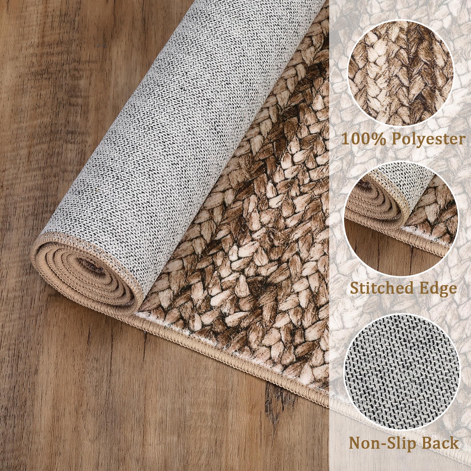 GARVEE 2x6 Washable Braided Runner Rug - Non-Slip Low Pile Modern Kitchen & Bathroom Rug - Ultra Thin Lightweight Indoor Carpet for Hallway, Entrance, Living Room - Foldable Home Decor (Brown)
