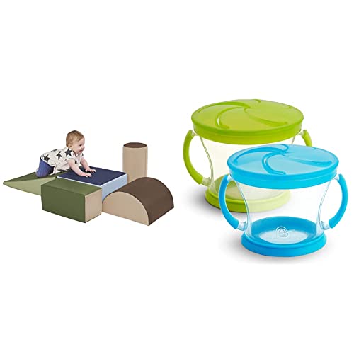 **ECR4Kids SoftZone Climb and Crawl Activity Play Set – 5-Piece Lightweight Foam Shapes for Toddlers (Earthtone) & Munchkin Snack Catcher – 2-Pack (Blue/Green) – Safe Indoor Play for Kids, Daycare & Home Use**