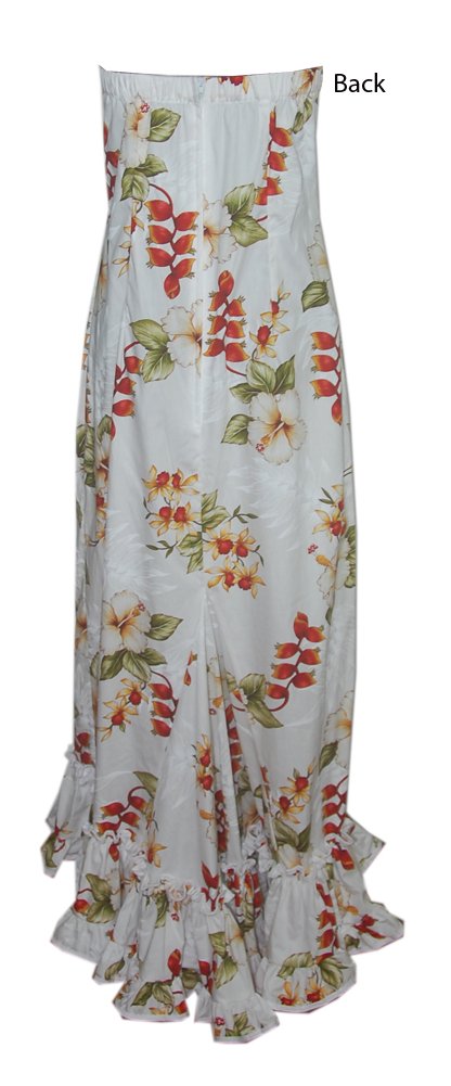 Women's Hawaiian Long Tube Top with Fishtail Heliconia Print White Dress - Perfect for Beach Vacations, Summer Parties & Tropical Getaways