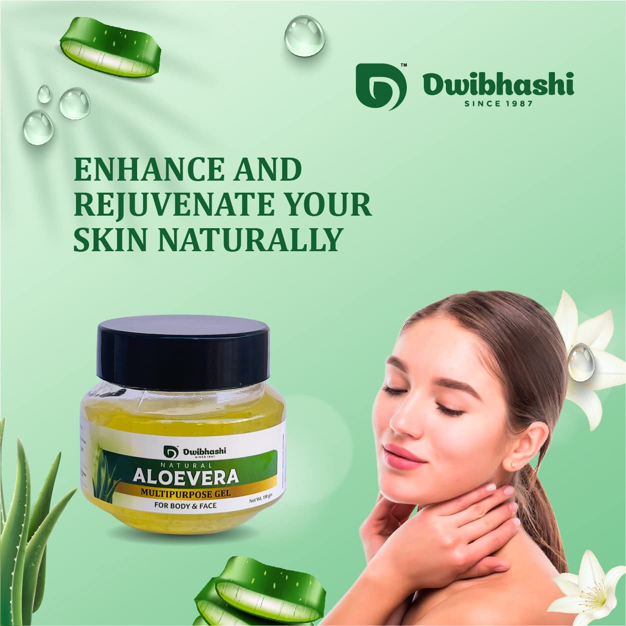 Dwibhashi Pure Aloe Vera Gel - 100g for Skin Care, Sunburn Relief & Hair Hydration | Natural Moisturizer for Face, Body & Scalp