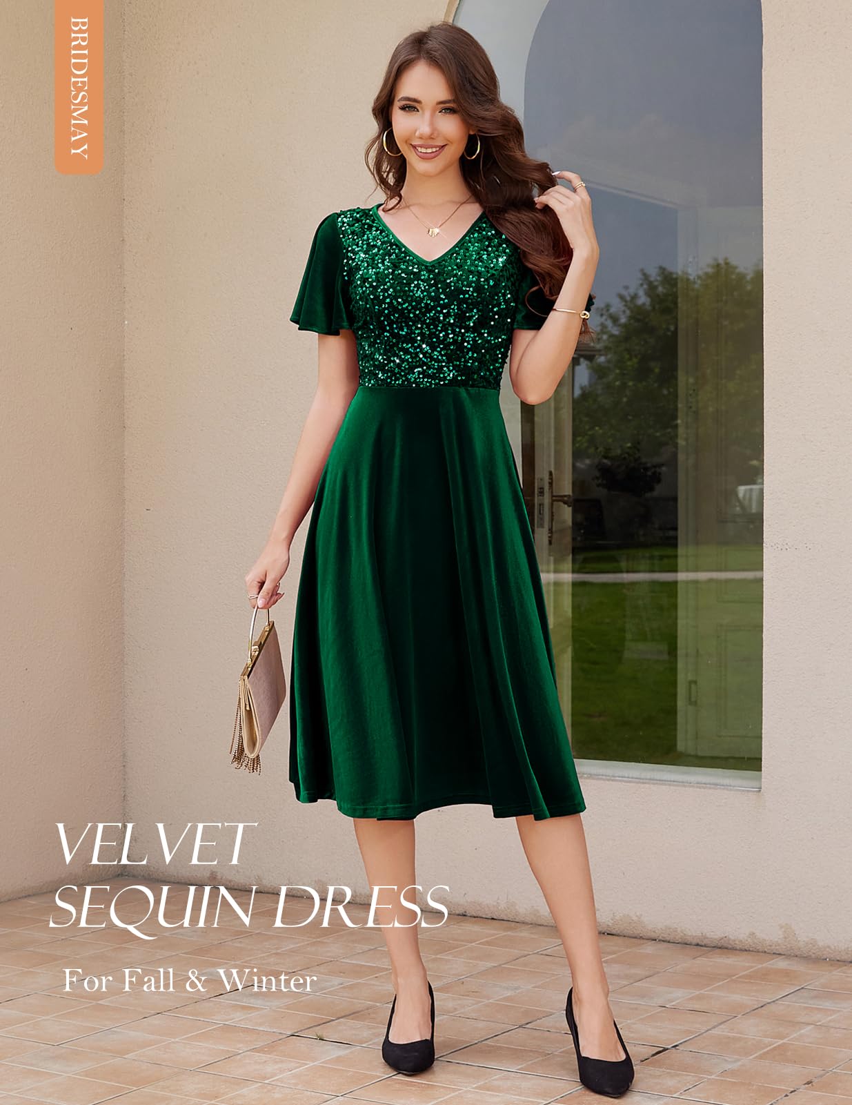 Elegant Velvet Sequin Cocktail Dress with Sleeves for Women - 2024 Fall Winter Wedding Guest & Party Formal Wear | Perfect for Bridesmaids, Holiday Events & Special Occasions