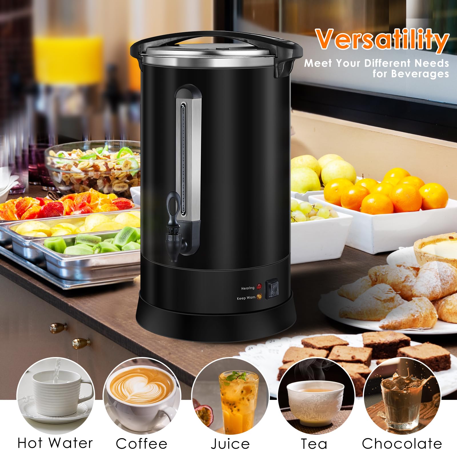 120-Cup Commercial Coffee Urn - 18L Large Stainless Steel Coffee Dispenser with Double Wall Insulation | Fast Brewing Electric Beverage Maker for Hot Water & Coffee | Perfect for Catering, Restaurants & Large Events (Black)