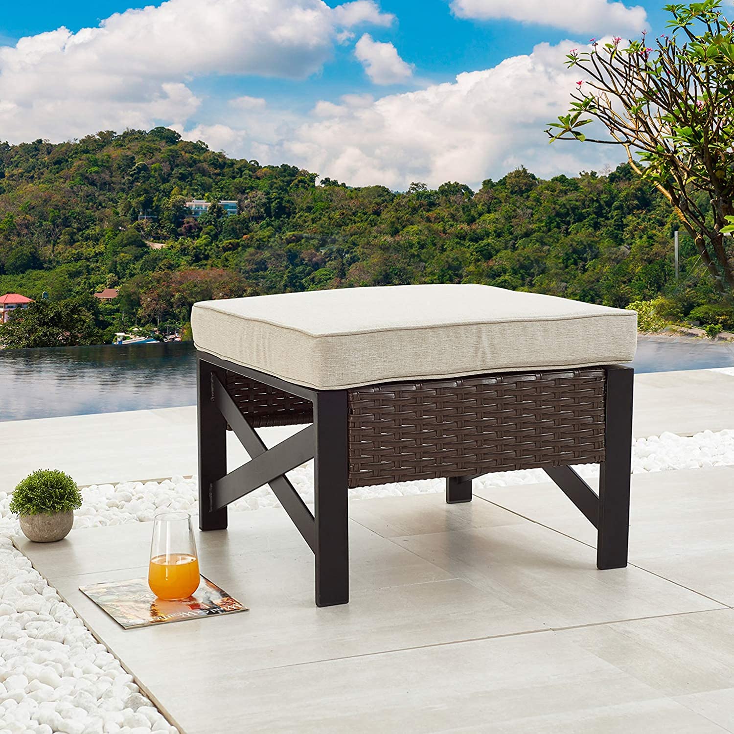 LOKATSE HOME Outdoor Metal Ottoman Patio Rattan Wicker Footstool with Cushion - Brown - Waterproof & Durable Garden Furniture for Poolside, Deck, or Backyard Relaxation
