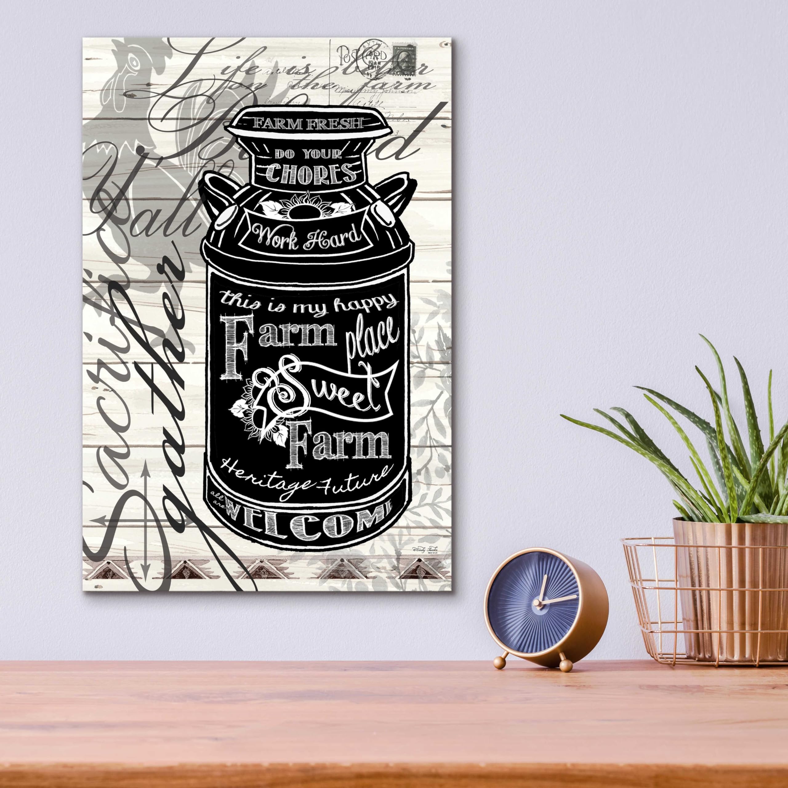 Farm Sweet Farm Milk Can Acrylic Glass Wall Art by Cindy Jacobs - 12x16 Inches Countryside Home Decor for Kitchen, Living Room & Farmhouse Style Interiors