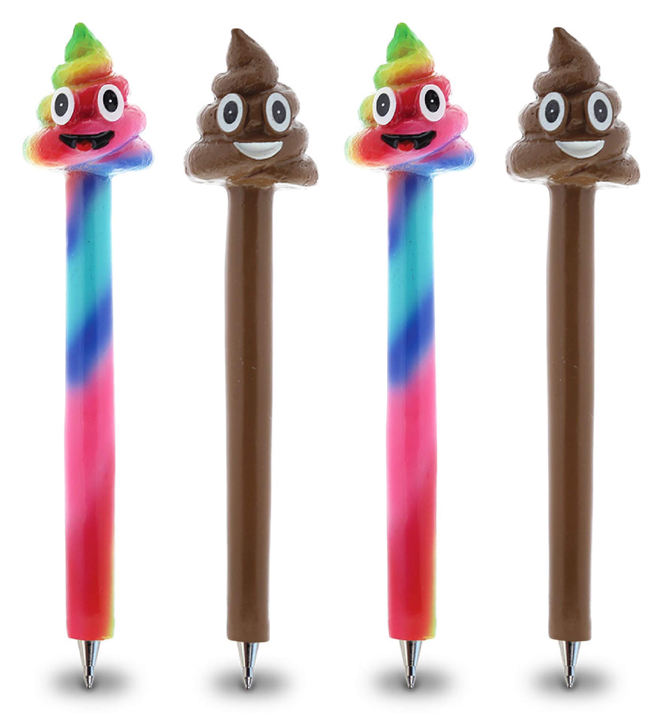 Planet Pens Bundle - 4 Pack Poop Face Emotion & Rainbow Novelty Ballpoint Pens for Kids & Adults | Fun Office & School Supplies | Colorful Writing Instruments for Gifts, Desk Decor & Daily Use