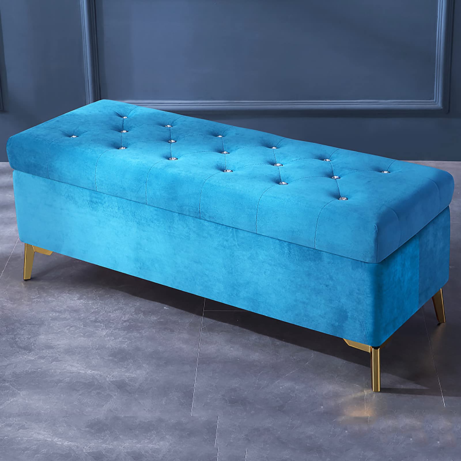 Luxury Velvet Upholstered Storage Ottoman Bench with Crystal Buttons - Blue 80x42x45cm (31x17x18inch) - Modern Living Room Furniture, Bedroom Footrest, Entryway Shoe Storage Bench - Perfect for Small Space Organization & Home Decor
