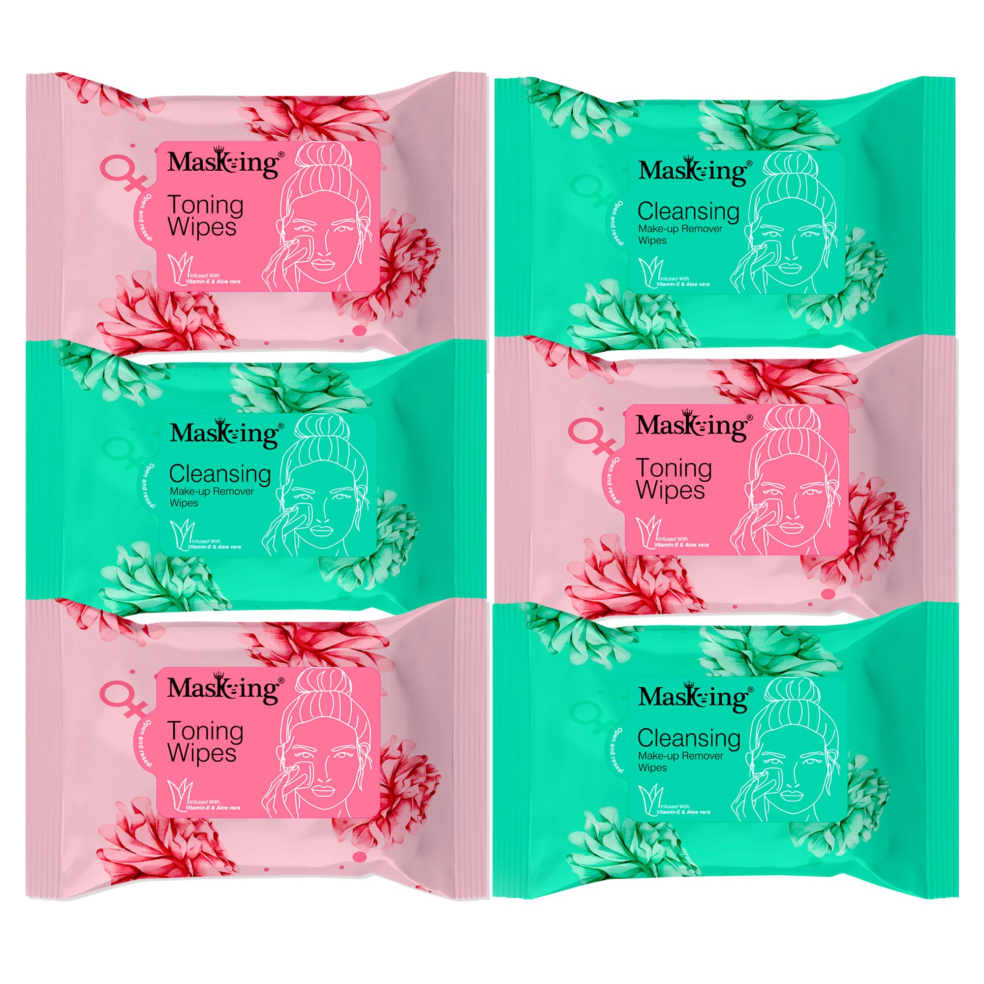 MasKing Cleansing Facial Wipes - Makeup Remover & Toner with Aloe Vera & Vitamin E | 6-Pack (10 Wipes Each) | Gentle for All Skin Types | Perfect for Travel, Gym & Daily Skincare Routine