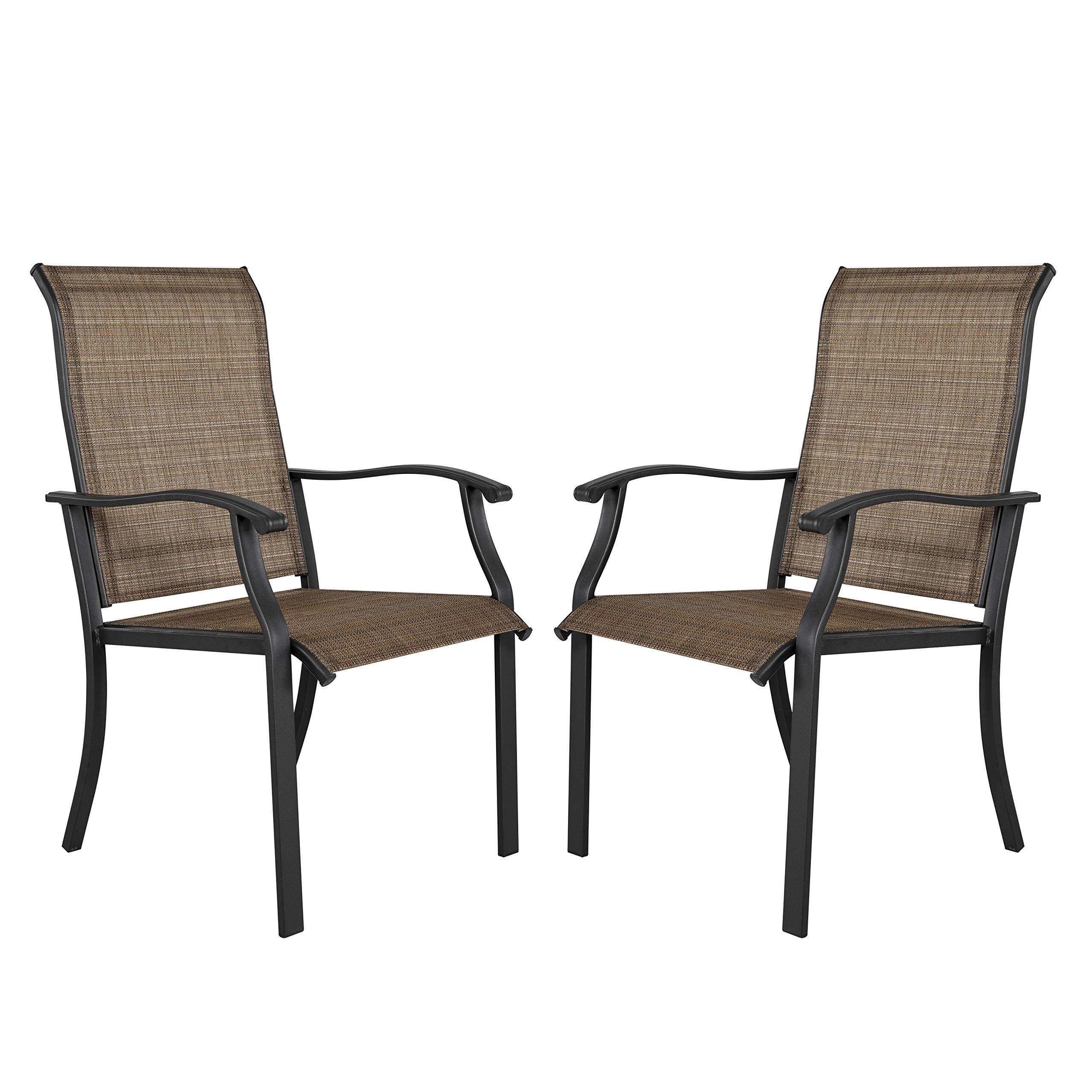 NUU GARDEN Patio Dining Chairs Set of 2 - Indoor/Outdoor Textilene High Back Chairs with Armrests & Iron Frame (Black & Brown) - Perfect for Backyard, Garden, Poolside & Restaurant Outdoor Seating