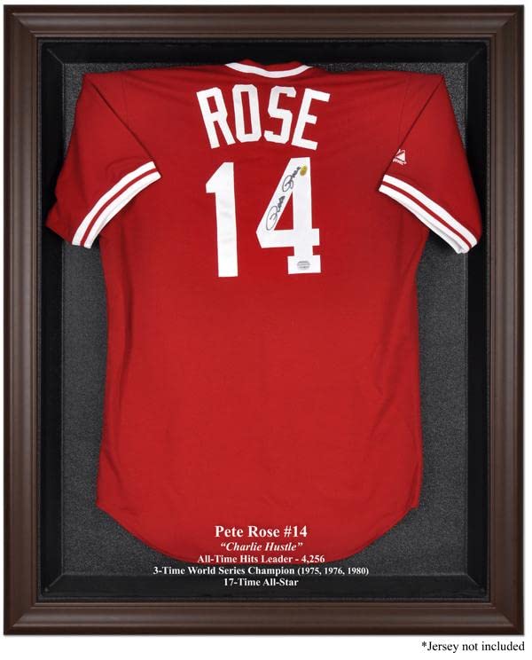 Pete Rose Brown Framed Baseball Jersey Display Case - Premium Jersey Shadow Box for Memorabilia Collection - Perfect for Home, Office, or Man Cave Decor