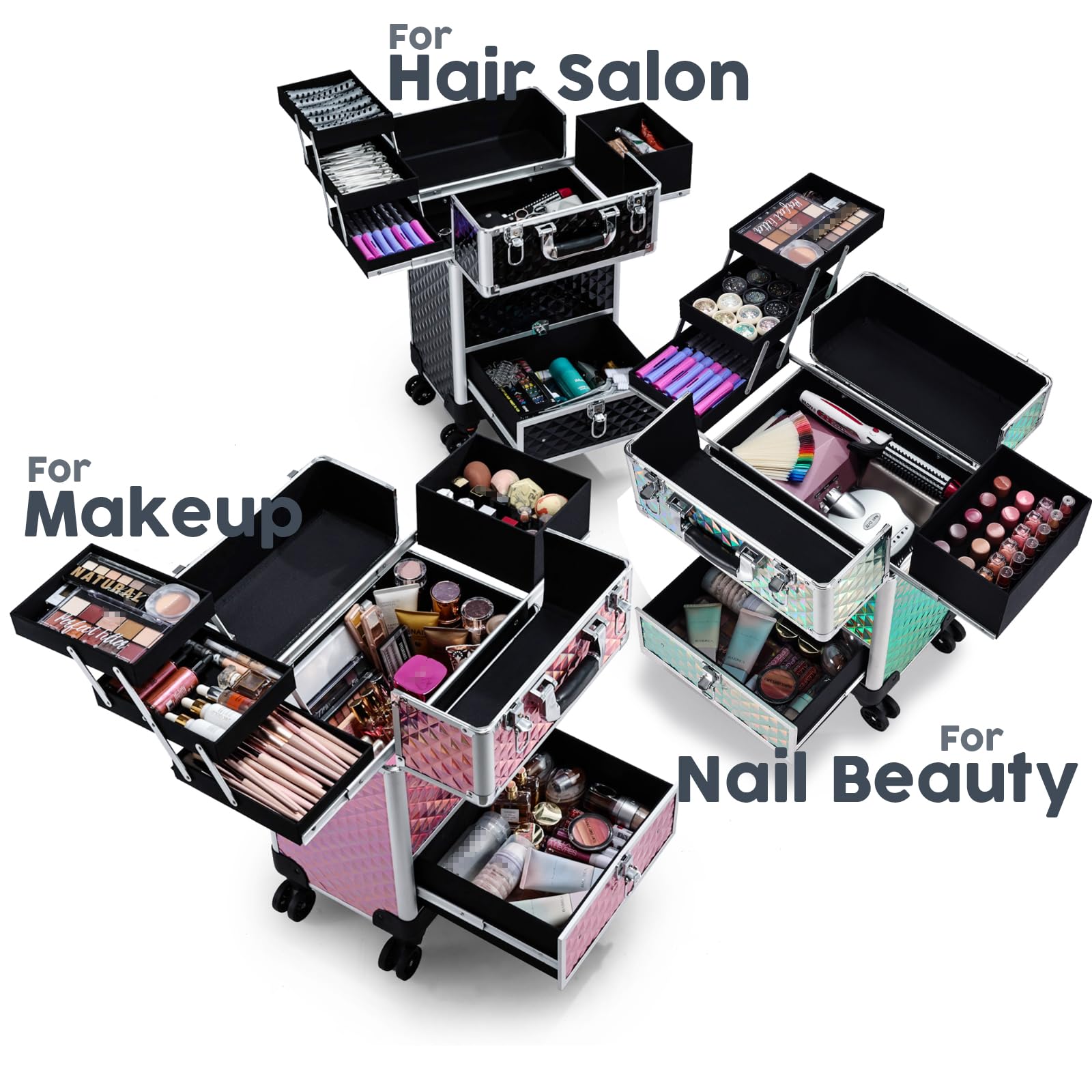 Professional Rolling Makeup Case with 4 Sliding Drawers & Wheels - Portable Cosmetic Trolley for Travel, Salon & Barber - Ideal for Cosmetologists, Nail Techs & Hairstylists (Black) | Perfect for Mobile Beauty Services, Makeup Artists On-The-Go & Salon Organization