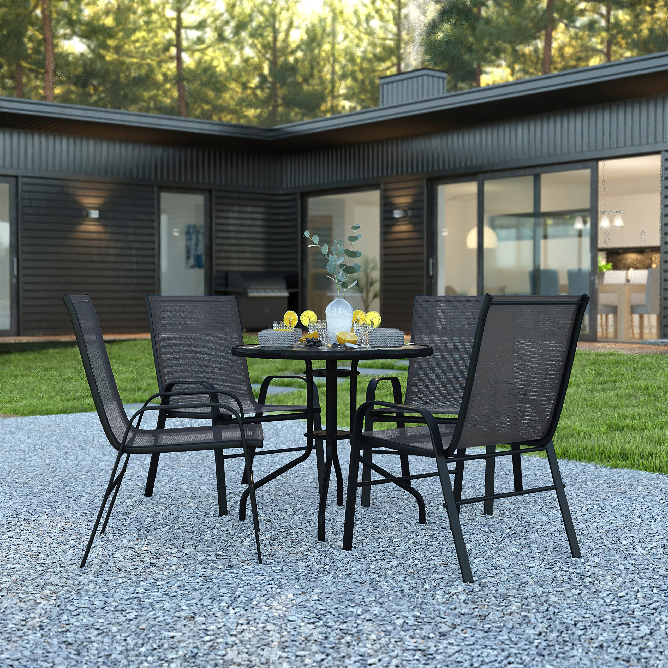 Flash Furniture Brazos 5-Piece Outdoor Patio Dining Set with 4 Black Flex Comfort Stackable Chairs & 31.5