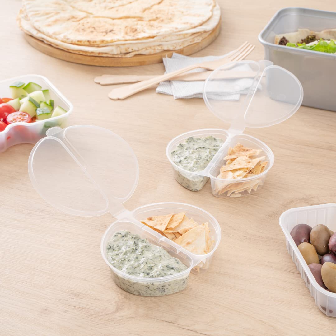Restaurantware Futura 4oz Clear Plastic Snack Containers with Hinged Lid - 2 Compartment Microwavable Sauce Cups for Condiments, Dips, Takeout, Meal Prep & Party Serving (Pack of 500)