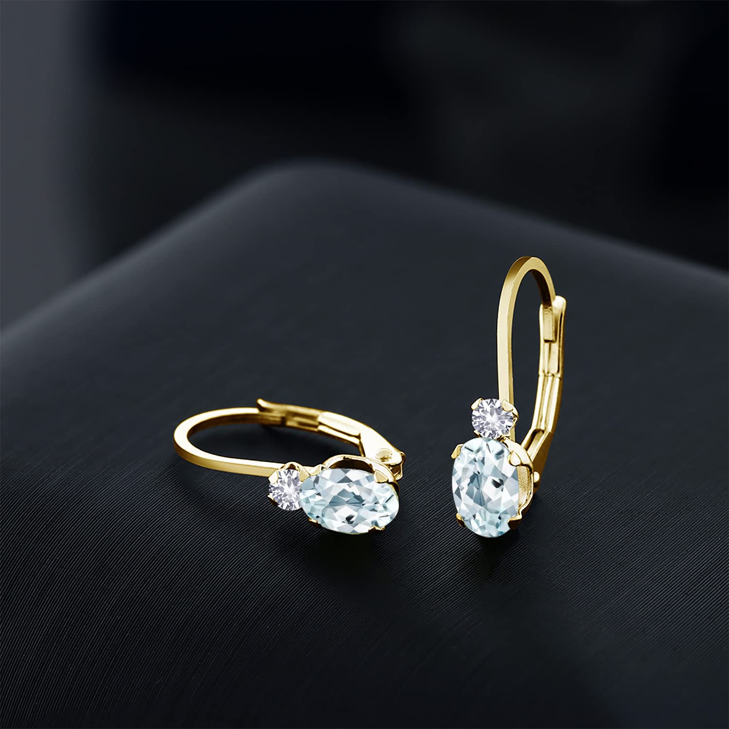 14K Yellow Gold Sky Blue Aquamarine & White Sapphire Leverback Earrings for Women | March Birthstone Jewelry | 0.94cttw Oval & Round Gemstones | Elegant 6x4mm & 2mm Size | Perfect for Weddings, Parties & Gift Giving