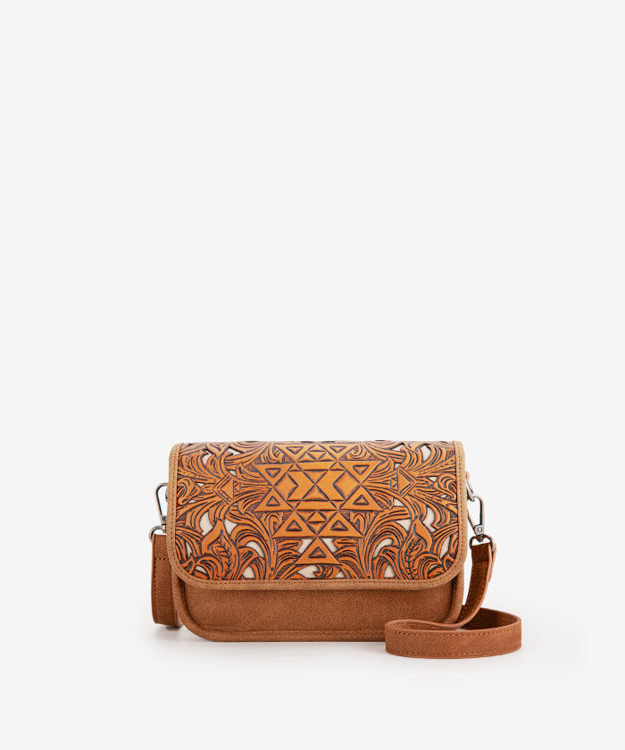 Trinity Ranch Aztec Tooled Leather Crossbody Purse for Women - Stylish Boho Handbag for Everyday Use, Travel & Casual Outings