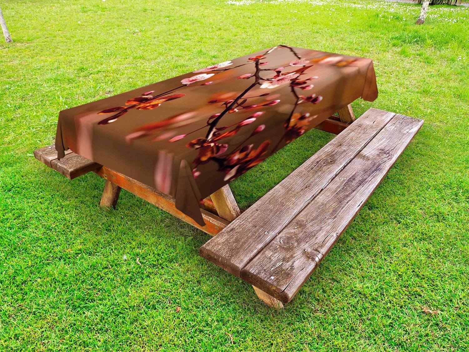 Ambesonne Cherry Blossom Tablecloth - Japanese Sakura Tree Print Outdoor Picnic Table Cover, 58x120 Inches, Washable & Durable - Perfect for Garden Parties, Spring Celebrations & Romantic Dining (Pale Pink & Dark Coral)