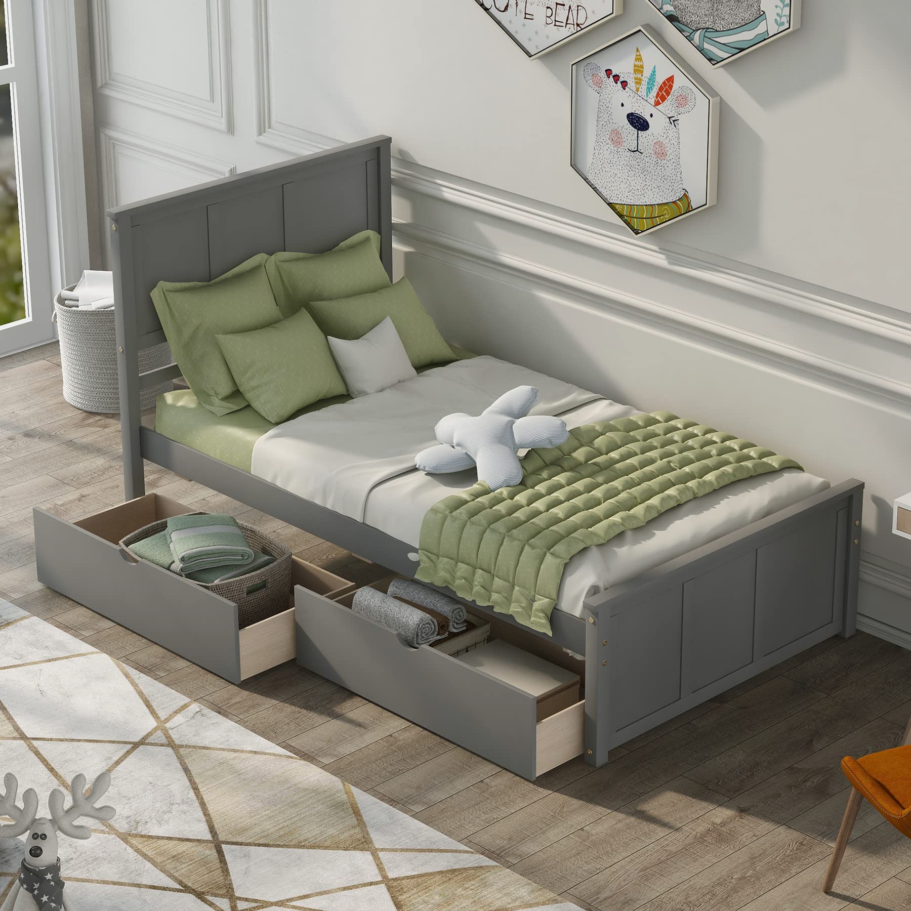 JINS&VICO Twin Size Solid Wood Platform Bed with 2 Storage Drawers - No Box Spring Needed - Captain Bed for Boys, Girls & Teens - Gray - Perfect for Small Bedrooms, Dorms & Kids' Rooms