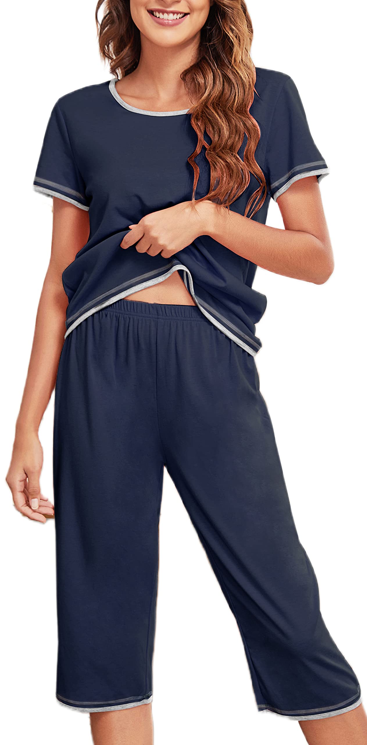 Ekouaer Women's Summer Pajama Set - Short Sleeve Top & Capri Pants 2-Piece Sleepwear for Nightwear, Lounge & Vacation | Soft, Breathable & Comfortable Pajamas for Women