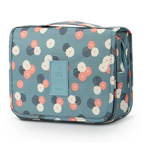 FOXCY 19cm Hanging Toiletry Bag - Large Travel Cosmetic Organizer for Men & Women with Sturdy Hook, Blue Floral Design | Perfect for Gym, Vacation & Business Trips